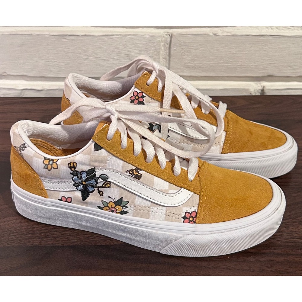 Vans Old Skool Mustard Yellow Floral Bee Embroidered Checkerboard Sneakers Sz. 5